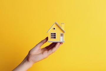 Fototapeta na wymiar Hand holding a house, property and investment concept, yellow background, digital illustration. Generative AI