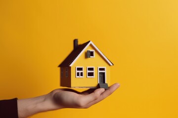 Hand holding a house, property and investment concept, yellow background, digital illustration. Generative AI