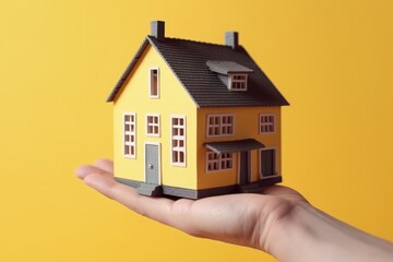 Fototapeta na wymiar Hand holding a house, property and investment concept, yellow background, digital illustration. Generative AI