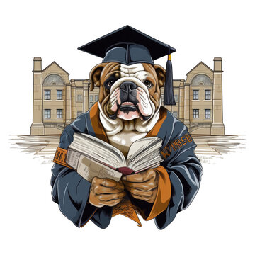 Lawyer English Bulldog t-shirt design, An English bulldog wearing a graduation cap and a gown, holding a law degree certificate, standing in front of a university building, Generative Ai