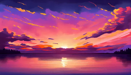 Fotobehang A serene illustration capturing the beauty of a sunset over a lake, featuring a mesmerizing display of vibrant shades of orange, pink, and purple in the sky, generative ai © Dr_Microbe