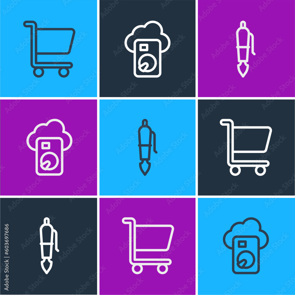 Poster set line shopping cart, fountain pen nib and cloud database icon. vector