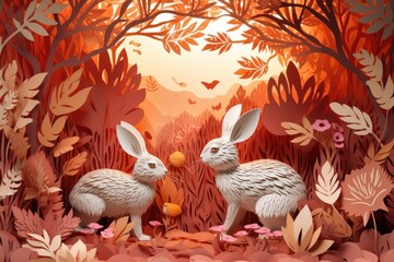 Happy Chinese new year rabbit Zodiac sign, chinese rabbits in front of a forest, in the style of surrealistic elements, warm tones, porcelain, graphic design poster art, created with generative ai