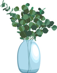 Flat style illustration of bunch of eucalyptus branches in glass vase isolated on white background