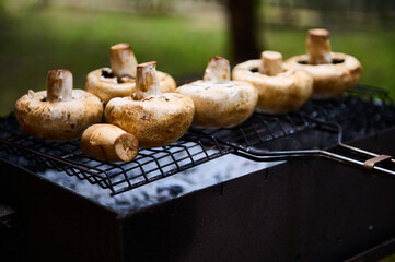Close-up shot of fresh raw marinated seasoned champignon mushrooms, grilling over flaming charcoals while a barbecue party outdoors. BBQ. Picnic in the nature. Summer chill out concept