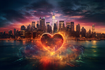 Obraz premium city skyline at sunset heart shaped illustration