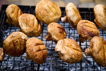 Mushrooms on grate grilled on barbecue, vegetarian vegan summer food. Preparing delicious food in...