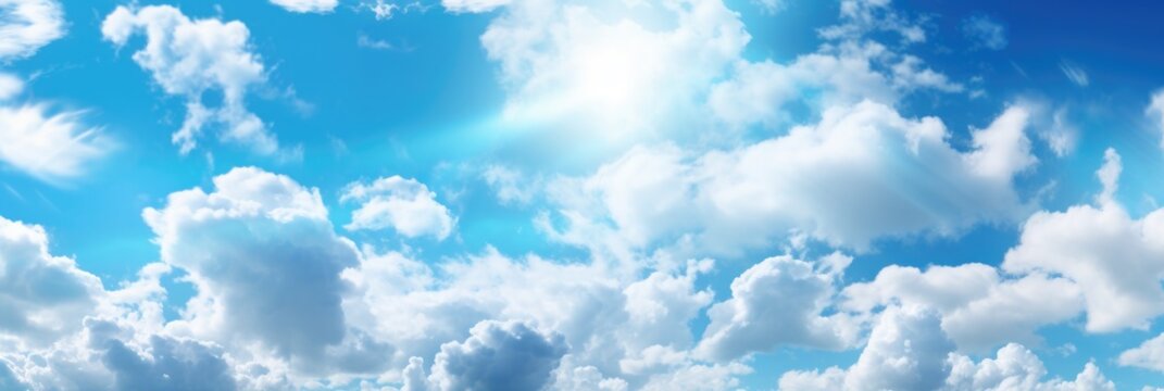 Sunny background, blue sky with white clouds and sun. Generative AI