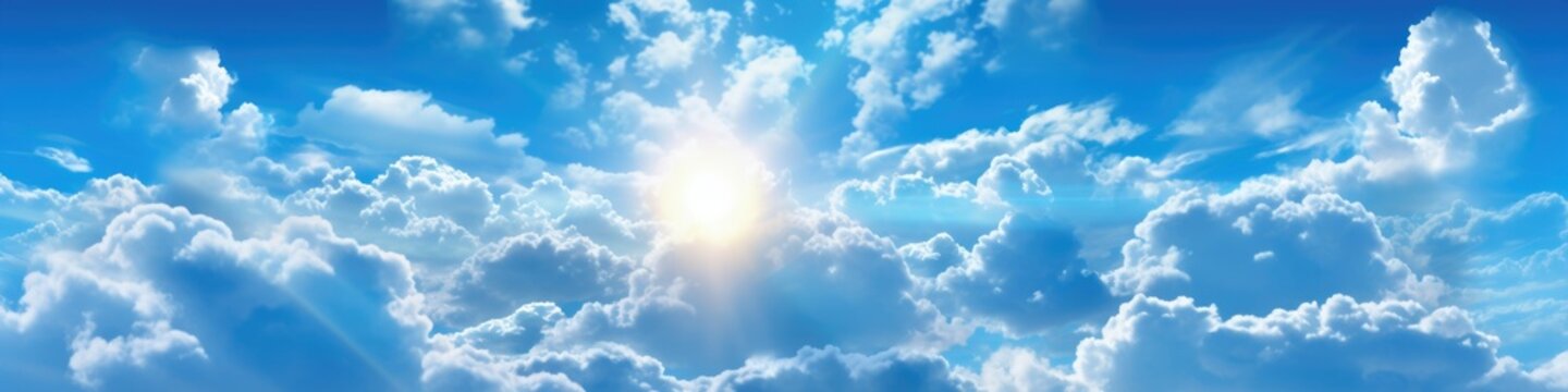 Sunny background, blue sky with white clouds and sun. Generative AI