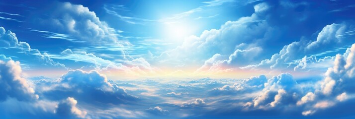 Sunny background, blue sky with white clouds and sun. Generative AI