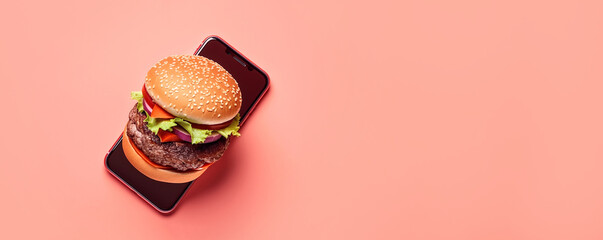hamburger and smartphone, fast food online delivery concept, panoramic layout. Generative Ai