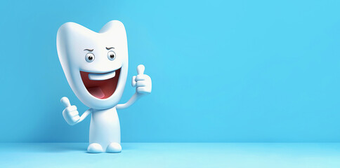 Tooth cartoon with thumb up, panoramic layout. Generative Ai