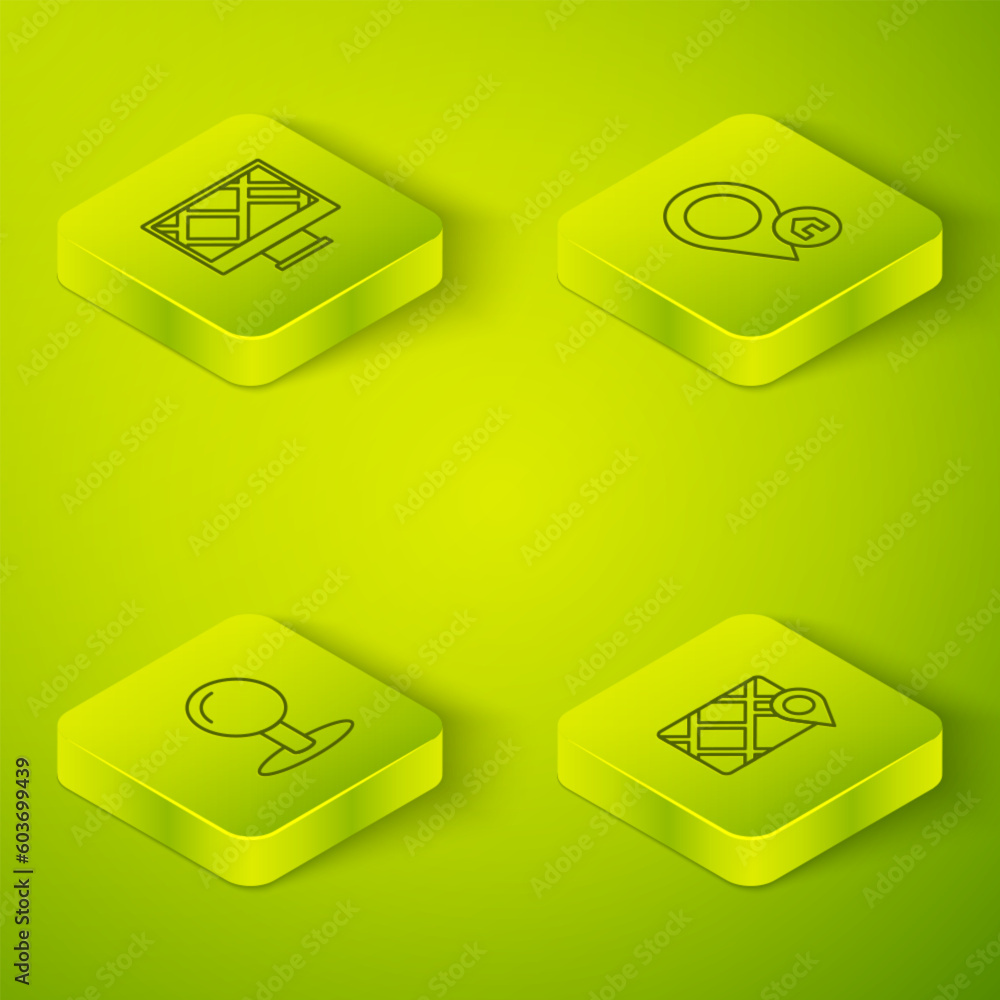 Poster set isometric line location with house, push pin, gps device map and monitor location icon. vector
