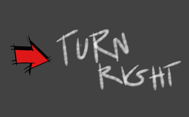 Arrow in the shape of the word turn right on a gray background