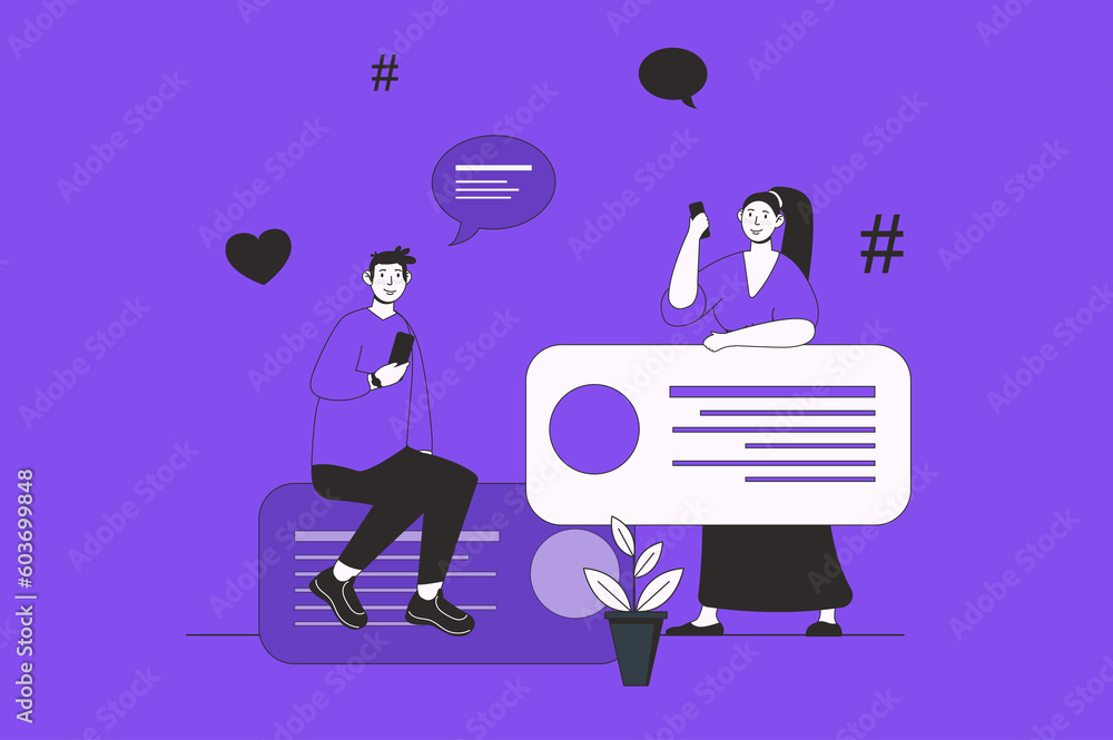 Aufkleber forum web concept with character scene in flat design. people texting online, leave messages in chat