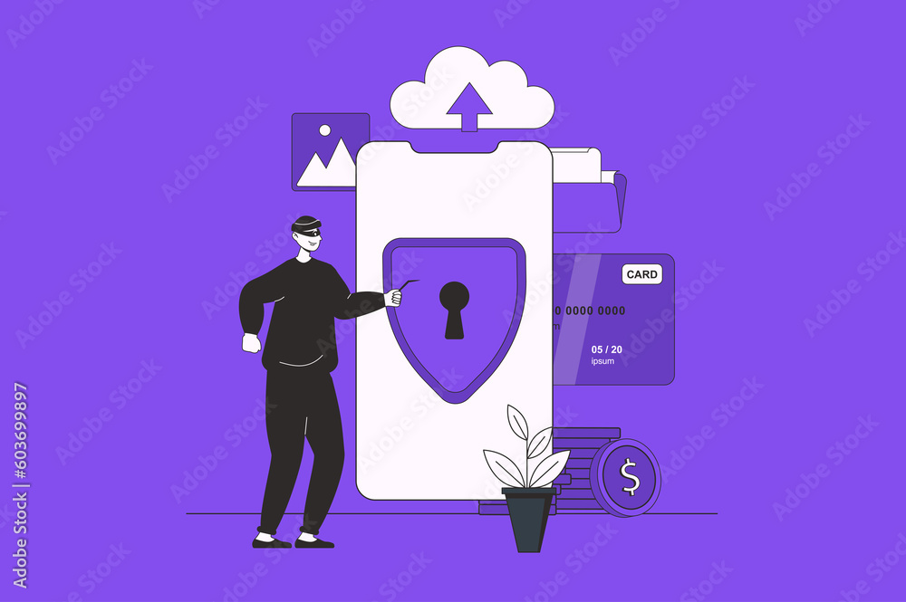 Poster fraud protection web concept with character scene in flat design. people using cyber security techno