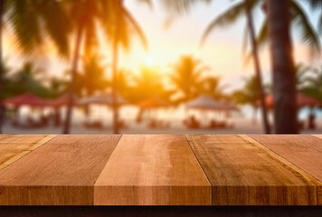 Empty wood table top on blur beach bar cafe at sunset view background - can be used for display or montage your products