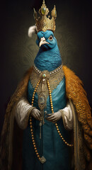 A blue bird wearing a gold crown and a blue dress. Generative AI.