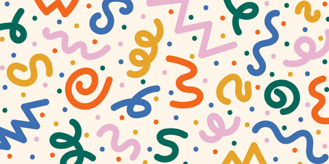 Fun colorful abstract background in doodle style. Creative minimalist hand drawn pattern with bright cute elements. Simple childish scribble backdrop. Random colorful swirls, bundles and dots