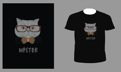 Grey Illustrated Cat Hipster T-Shirt, cute cat t shirt designs and apparel trendy design, cat lover t shirts elegant and classic design source, vectors for t-shirts designs, graphics resource for t sh