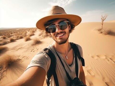  Tourist spaziert durch wunderschöne Wüstendünen, generative AI.