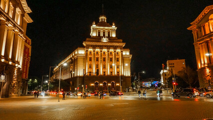 Fototapeta na wymiar Night panorama of Independence Square and the Former Party House, Sofia, Bulgaria.