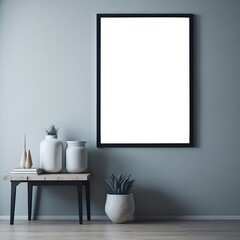 an empty wooden picture frame mockup gracefully suspended on a beige wall background, a boho-shaped vase, an illustration 