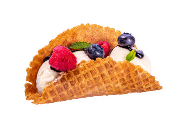 Various sweet taco ice creams. Waffle taco shells with chocolate and vanilla flavour ice cream with different fruits, berry, toppings, isolated on transparent background