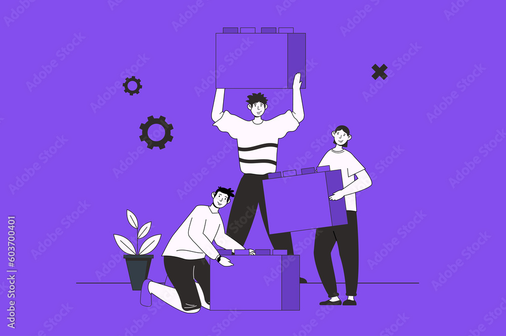 Aufkleber Support in team web concept with character scene in flat design. People working together, building puzzle, brainstorming and achieving goals. Illustration for social media marketing material.
