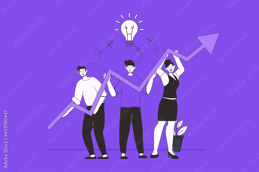 Poster Teamwork in office web concept with character scene in flat design. People working together, doing job tasks, brainstorming and collaboration. Illustration for social media marketing material.