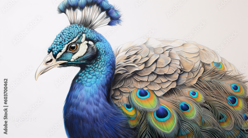 Poster a close up of a peacock with feathers. generative ai.