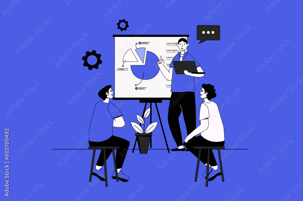 Aufkleber training course web concept with character scene in flat design. people listening business coach at 