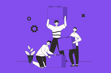 Support in team web concept with character scene in flat design. People working together, building puzzle, brainstorming and achieving goals. Illustration for social media marketing material.