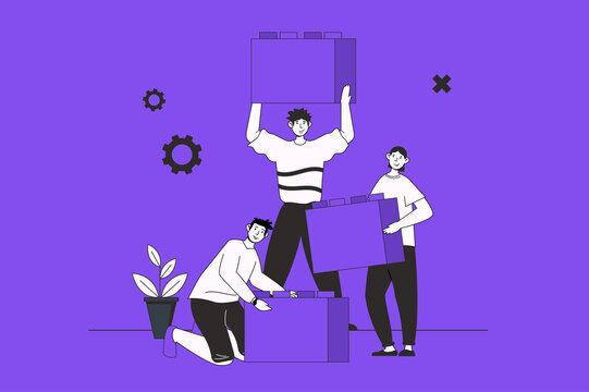 Support in team web concept with character scene in flat design. People working together, building puzzle, brainstorming and achieving goals. Illustration for social media marketing material.