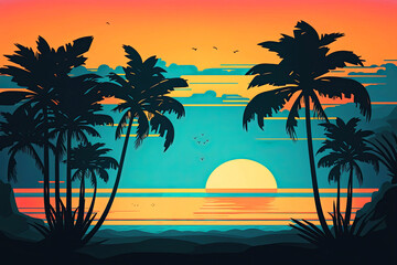 Fototapeta na wymiar Cartoon flat landscape, sunset with palm trees on a colorful background. illustration of Generative AI.