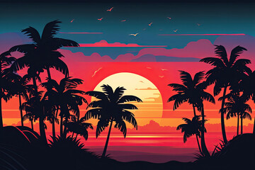 Cartoon flat landscape, sunset with palm trees on a colorful background. illustration of Generative AI.