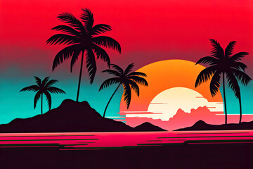 Fototapeta na wymiar Cartoon flat landscape, sunset with palm trees on a colorful background. illustration of Generative AI.