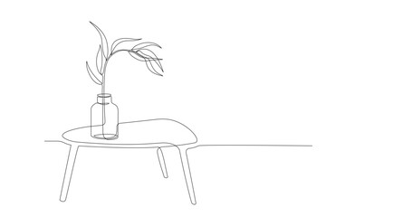 One line drawing of branch, flower in vase on table with place for text. Continuous line handdrawn of furniture and flower, plant in pot. Minimalist Vector color illustration of plant. Editable stroke