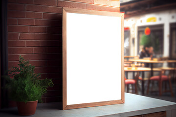 Mockup label, blank menu frame in Bar restaurant. Stand for booklets with white sheets paper on wooden table cafeteria