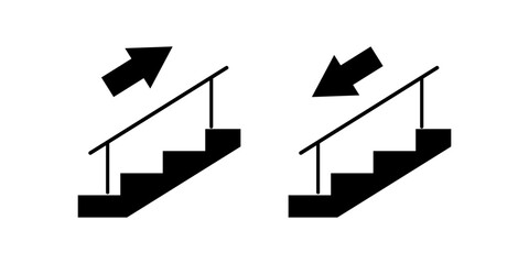 Set of isolated illustration of outline black ladder stairs with handrail - up and down arrow, for template design of safety building information sign