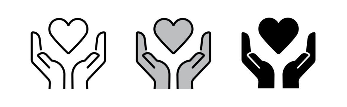 Heart Symbol Hold by Hands, Charity icon Concept. Outline style Icon in White, Grey and Black Colour. Love icon. Health, medicine symbol. Full Vector Design