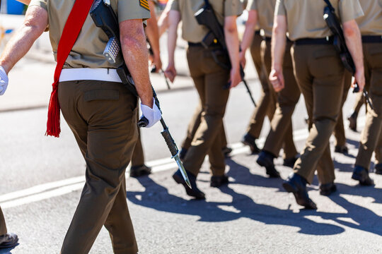 Australian soldier marching with bayonet fixed at freedom of entry parade and ceremony