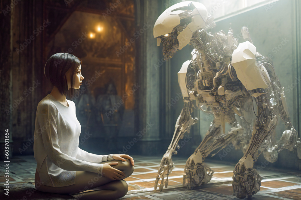 Aufkleber imaginative conceptual illustration of a young woman and a robot or android. created with generative