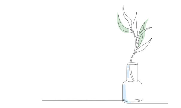 One continuous line drawing of leaves plant in vase, bottle. Creative minimalist hand painted drawing with decorative vase, flower, branch and leaves. Vector hand drawing sketch line illustration