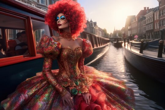 a beautiful drag queen with million dollar dress on a boat in the canals of Amsterdam at gay pride, created with generative ai