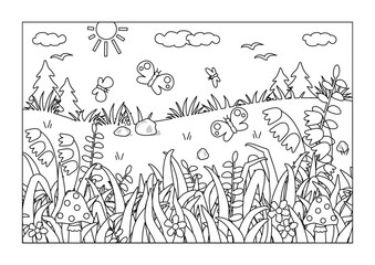 Coloring page. Summer outdoor nature scene with butterflies, grass, wildflowers. 
