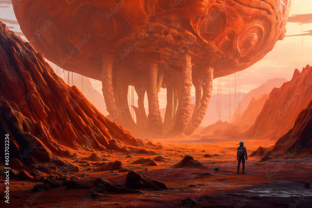 Poster weird alien structures on an alien planet. created with generative ai technology.