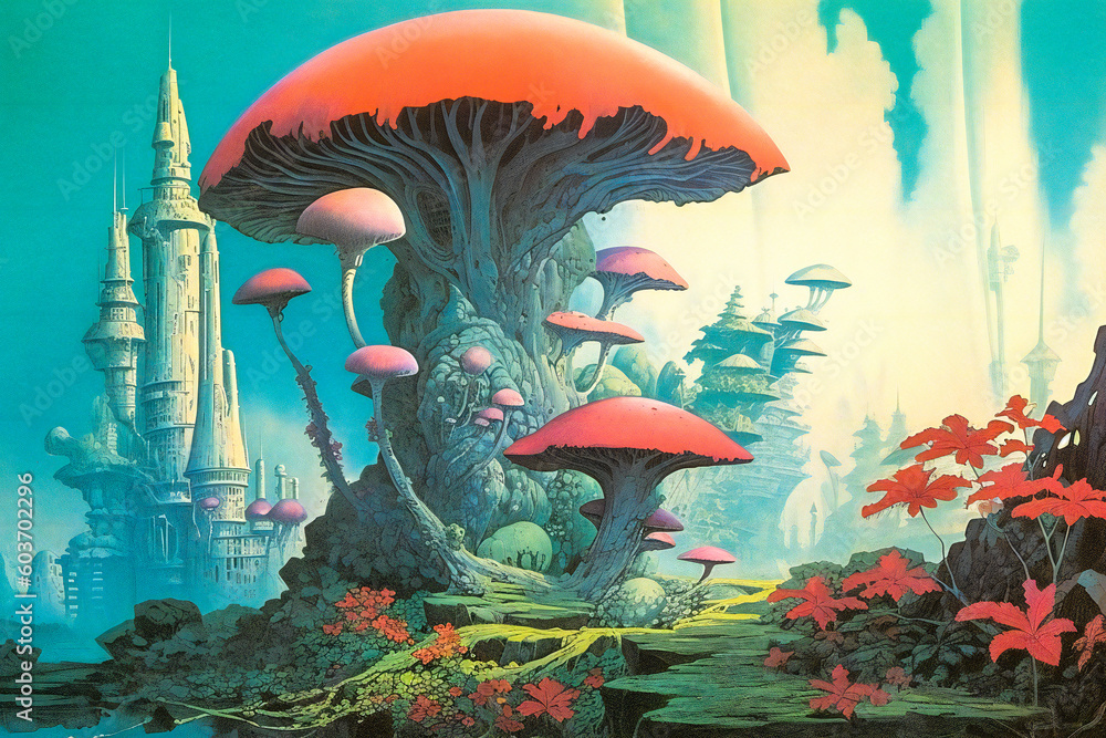 Poster weird, surreal landscape on a strange alien planet. created with generative ai technology.