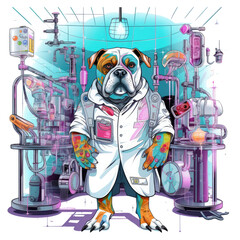 A Butcher English Bulldog standing in a futuristic laboratory, surrounded by advanced machinery and holographic displays, wearing a lab coat and goggles, Generative Ai