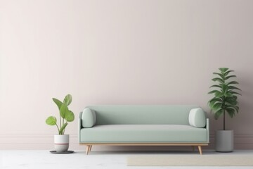 Contemporary mint color couch and potted plants, chic apartment colorful living room interior design